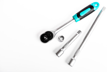 Repair Experts. socket wrench. perfect tool kit. Chrome Vanadium Steel. metallized fix equipment. socket wrench isolated on white background. copy space