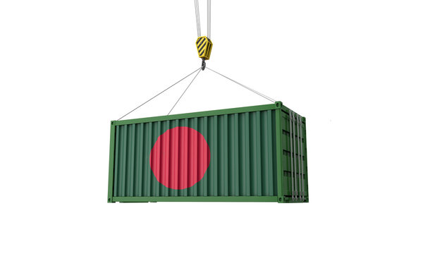 Bangladesh flag cargo trade container hanging from a crane. 3D Render