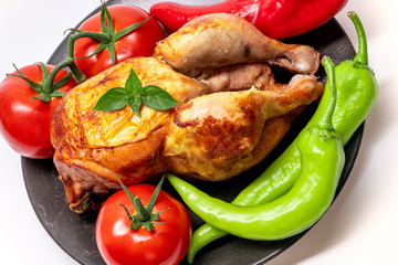 chicken flip and vegetables on white background
