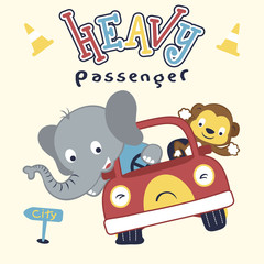 Cute elephant with little monkey on car, cartoon vector illustration