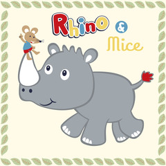 rat sit on rhino horn, cartoon vector