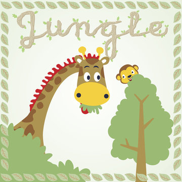 Giraffe with monkey in jungle on leaves frame, vector cartoon illustration