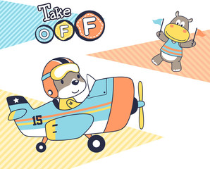 funny animals with airplane, bear the pilot with hippo, vector cartoon illustration