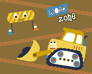 Obraz premium work zone with funny construction vehicle and construction sign, vector cartoon illustration