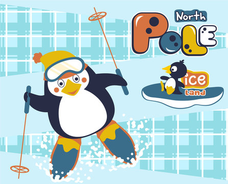 Penguin playing ski, vector cartoon illustration