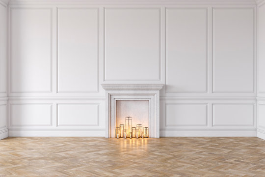 Modern classic white interior with fireplace, wall panels, candle, wooden floor. 3d render illustration mock up