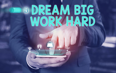 Conceptual hand writing showing Dream Big Work Hard. Concept meaning Believe in yourself and follow...