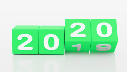 2020 New year change, turn. 2020 start 2019 end, dice isolated against white background. 3d illustration