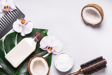 Coconut cosmetic product and tropical leaves. Natural hair care concept