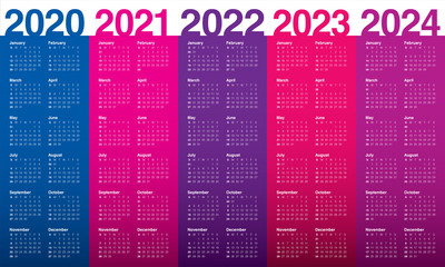 Year 2020 2021 2022 2023 2024 calendar vector design template
