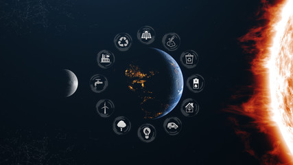 Earth Moon Sun Green Energy Planet Concept White Icons Background Sun Right Side 3D illustration.jpg