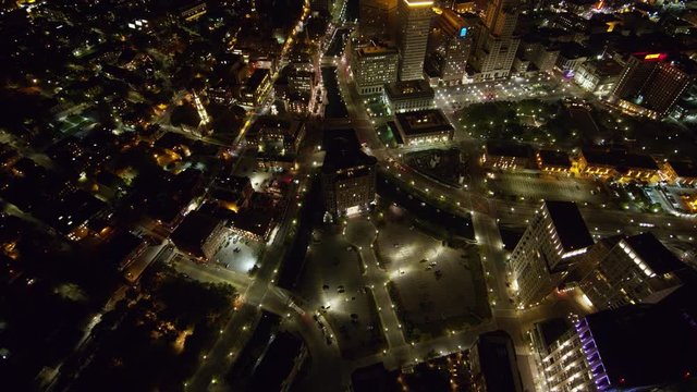 Providence Rhode Island Aerial v6 Panning birdseye looking down to looking out at nighttime cityscape - October 2017