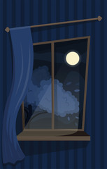 Atmospheric window with a curtain. Cozy view on the moon and tree.