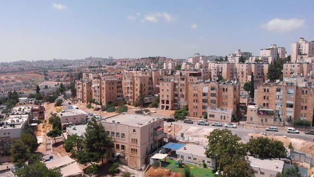 Jerusalem neighbourhood Ramat Eshkol  Aerial View Drone shot over center of Jerusalem Israel