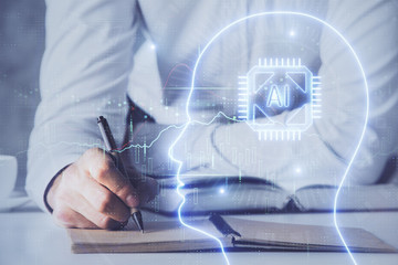 Man with multi exposure brain theme icons.