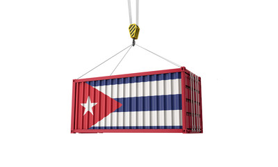 Cuba flag cargo trade container hanging from a crane. 3D Render