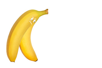 Cartoon banana looking down at blank copy space isolated white background. Face expressions:...