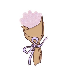 Bouquet of pink flowers in craft paper with a lilac bow on a white background.
