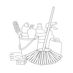 Sketch cleaning objects collection. Vector outline hand drawn isolated cleaning products set.