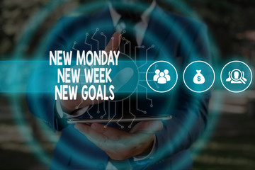 Handwriting text New Monday New Week New Goals. Conceptual photo showcasing next week resolutions To do list Male human wear formal work suit presenting presentation using smart device