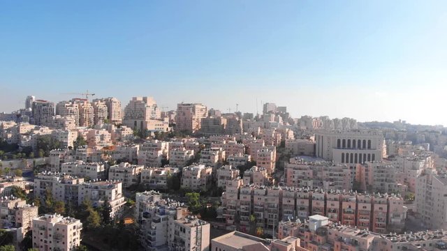 Jerusalem Orthodox neighbourhood with belz Synagogue Aerial view Drone footage over Large Orthodox synagogue in Jerusalem Israel
