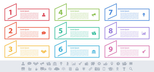 Infographic design business concept vector illustration with 9 steps or options or processes represent work flow or diagram or web button banner