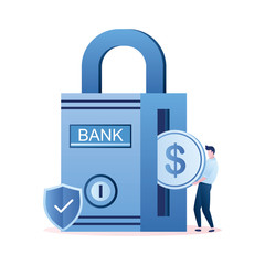 Bank lock or strongbox and businessman hold coin,safe deposit to the bank,