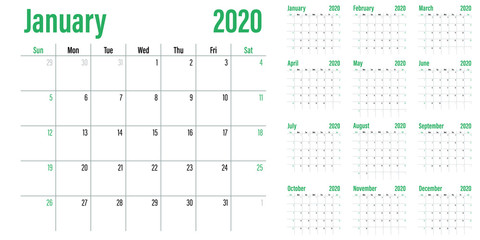Calendar planner 2020 template vector illustration all 12 months week starts on Sunday and indicate weekends on Saturday and Sunday