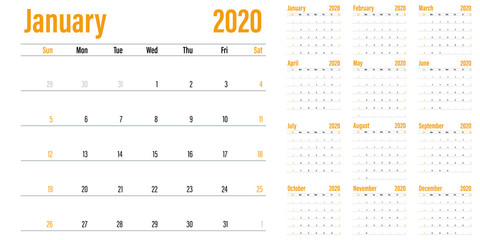 Calendar planner 2020 template vector illustration all 12 months week starts on Sunday and indicate weekends on Saturday and Sunday
