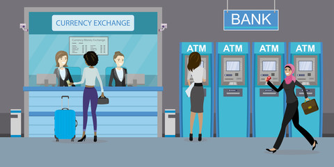 Bank counter or currency exchange service with managers and clients.