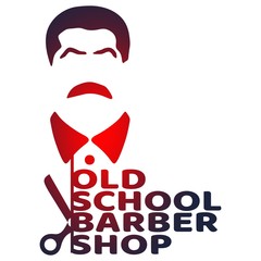 Vintage old school barber shop emblem or label. Monochrome style. Mustache man icon with scissors and text.