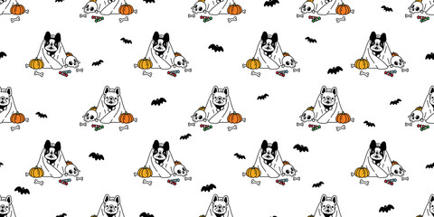 dog seamless pattern vector french bulldog Halloween pumpkin scarf isolated repeat wallpaper tile background cartoon ghost spooky bone bat candy doodle illustration design