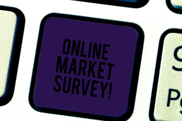 Conceptual hand writing showing Online Market Survey. Business photo text gathering information essential for market research Keyboard key Intention to create computer message idea