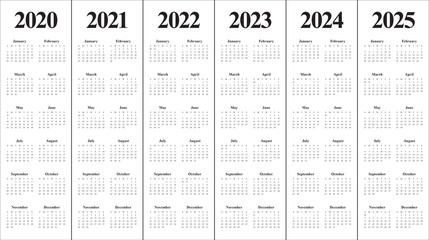 Year 2020 2021 2022 2023 2024 2025 calendar vector design template