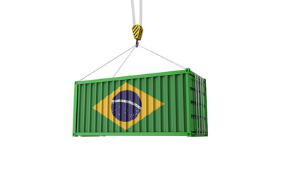 Brazil flag cargo trade container hanging from a crane. 3D Render