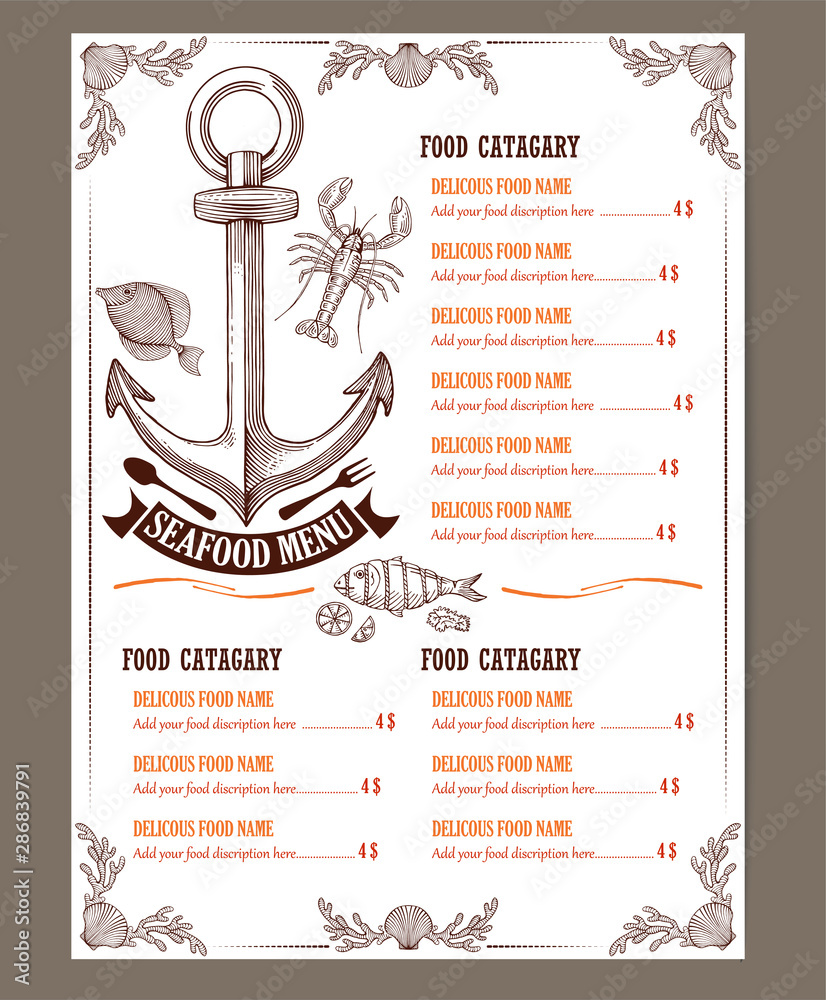 Wall mural seafood restaurant menu template design