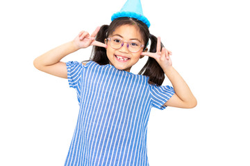 Portrait of kid girl smiling and funny on white background.Holiday and christmast.