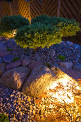 Home garden at night, illuminated by globe shaped lights