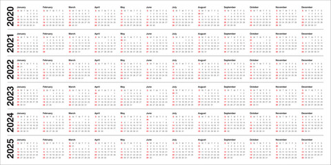 Year 2020 2021 2022 2023 2024 2025 calendar vector design template