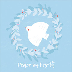 Beautiful illustration with White Dove and floral wreath. Peace on Earth vector card design. Happy Earth Day background.