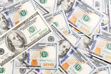 Fototapeta premium Background with money american hundred dollar bills, horizontal. Top view of business concept on background with copy space