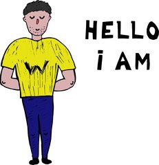 Hello I am. Inscription. Places for the text, copy spase. The white man, the drawing in style doodle