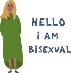 The black young woman costs near an inscription: Hello, I'm  lesbian. Open homosexuality. Coming out. LGBT concept. Minority sex. Flat editable vector illustration.