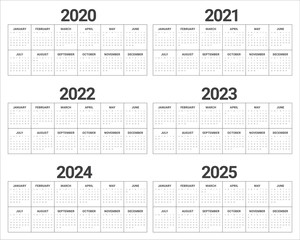 Year 2020 2021 2022 2023 2024 2025 calendar vector design template