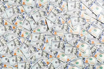 Top view of American money background. Pile of dollar cash. Paper banknotes concept