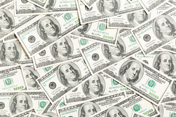 Top view of American money background. Pile of dollar cash. Paper banknotes concept