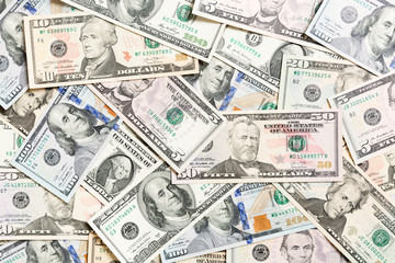 Top view of various dollar cash background. Different banknotes concept. Wealth and rich concept