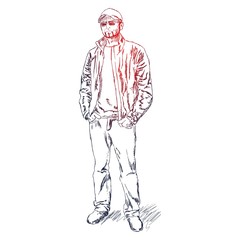 Portrait of a handsome man dressed in t-shirt, jacket and jeans. Abstract illustration. Ink sketch effect