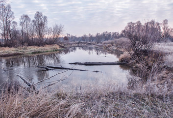 Late fall. A lake among trees and grass covered with white hoarfrost. early morning.