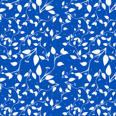 Branch pattern with white leaves and peas on blue background.